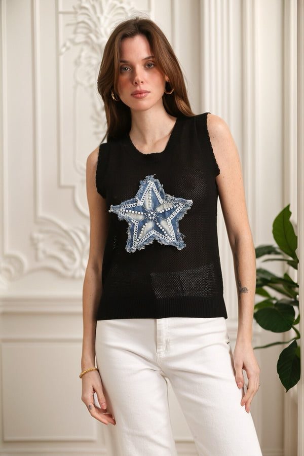 Top en maille sans manche avec motif étoile en jean chic élégant